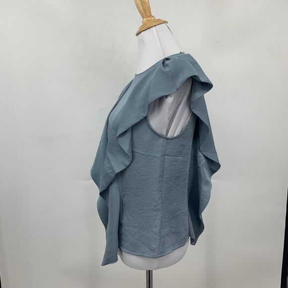 Express Top Women XS Extra Small Slate Satin Keyhole Back Flutter Sleeve Ruffle - Picture 4 of 12